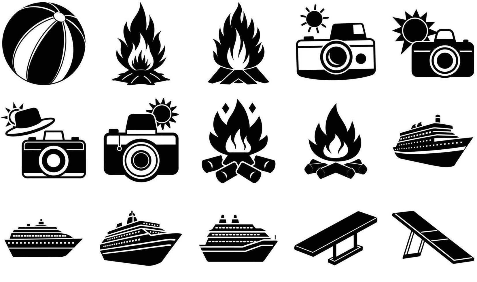 Travel and Adventure Icon Set in Black Silhouette Design, Summer Vacation Icon Set vector