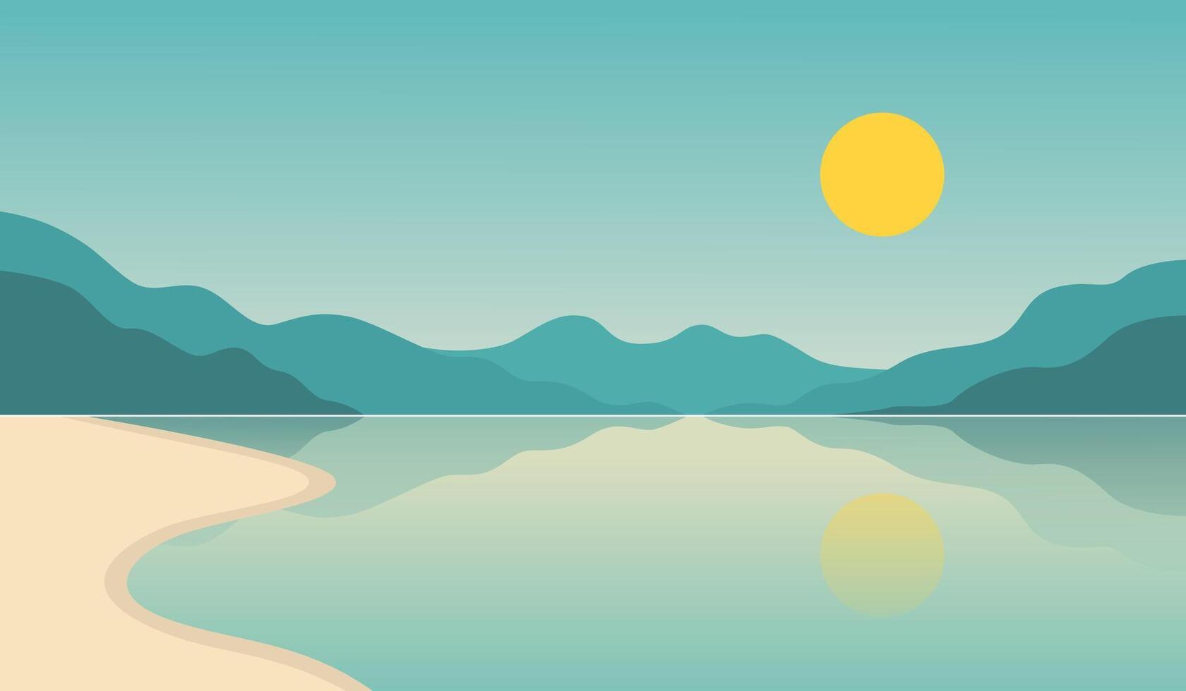 Illustration of Lake Scenery with Mountains and Sun Above vector
