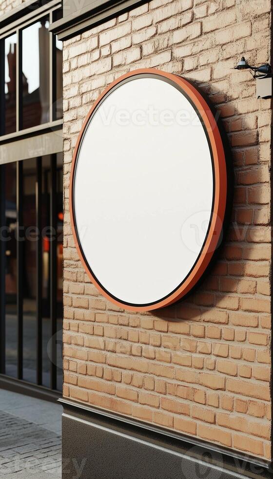 Store sign rounded blank board label name identity mockup branding on grocery place photo