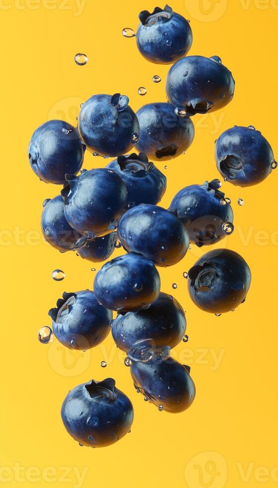 Blueberries fresh organic fruit floating on water and vertical solid yellow background photo