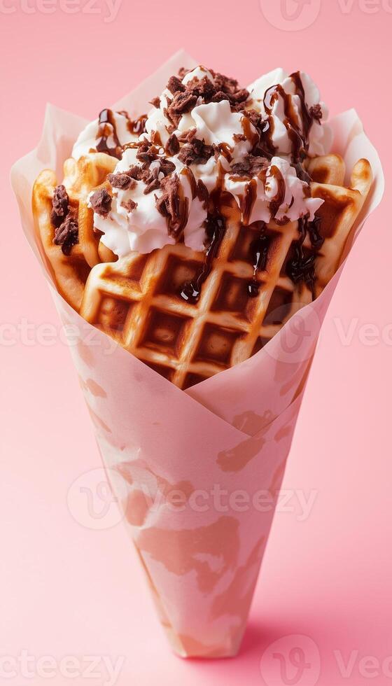 waffle on paper wrapped food simple cake dessert in pink vertical background photo