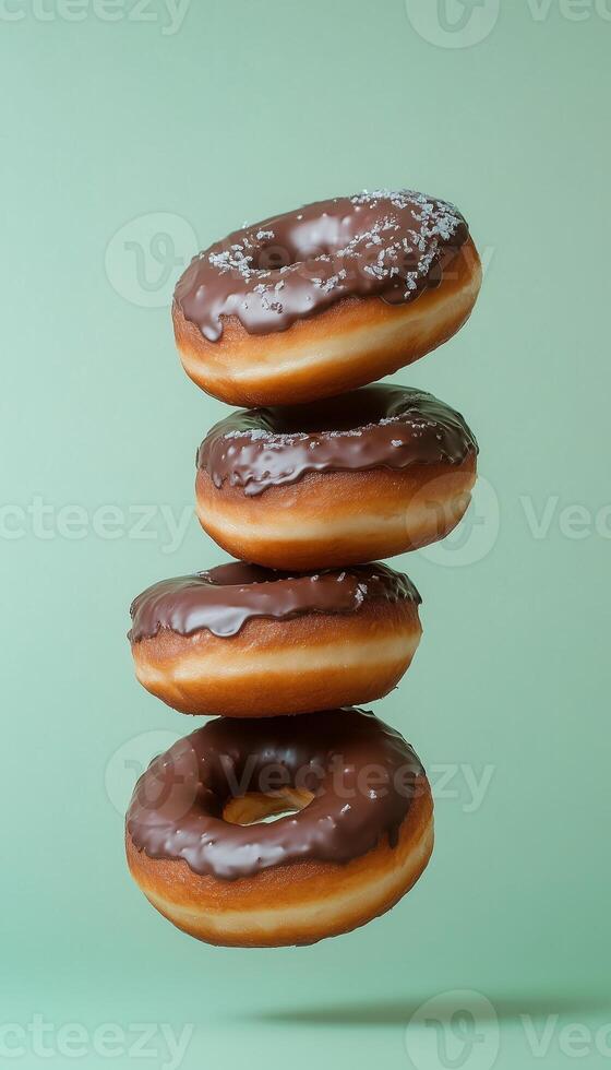 Chocolate cream topping donuts stack sweet snack in blue solid vertical background photo