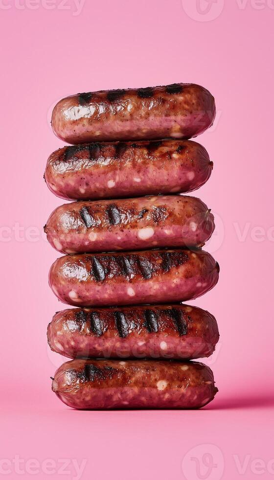 Grilled sausage chicken or beef stack on pink solid vertical background photo