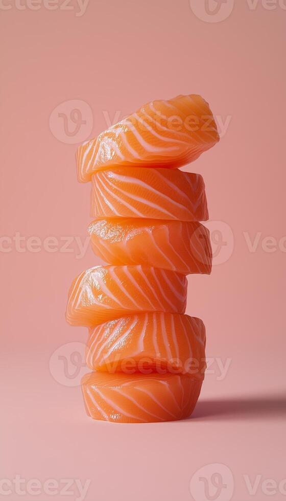 A stack of salmon slice seafood un cook superfood on vertical pink background photo