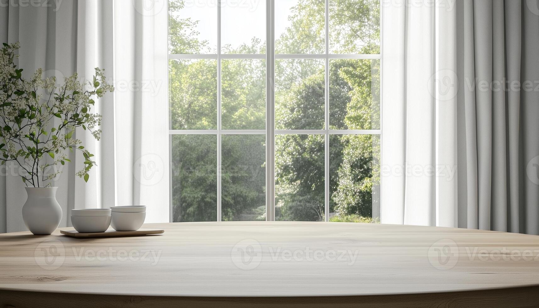 Kitchen white room with wooden table display and plant vas decoration, sun light from glass wndow photo