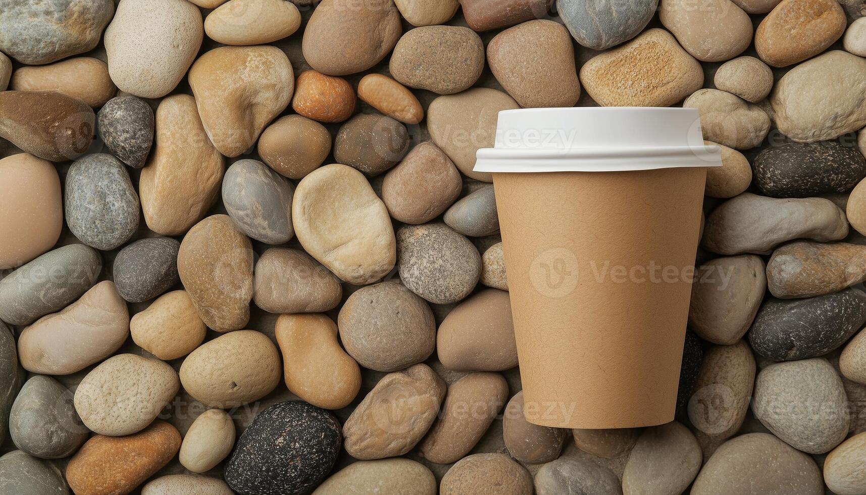 Brown paper cup disposable ecofriendly on pebble stones pattern soft color background photo