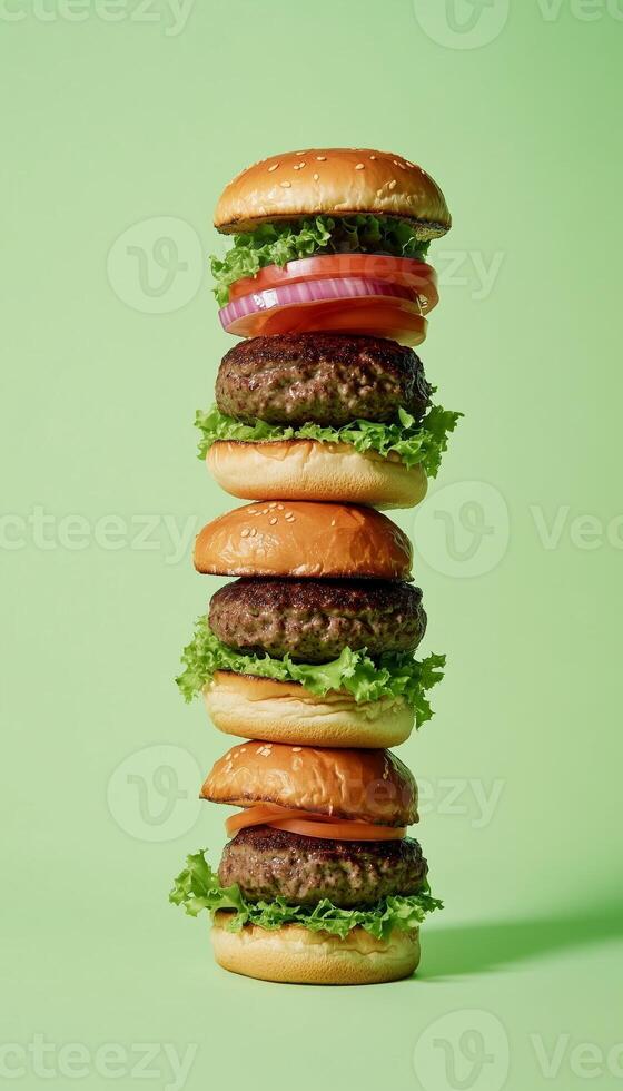 Burgers stack with bun bread, lettuce, baked beef and tomato in green vertical background photo