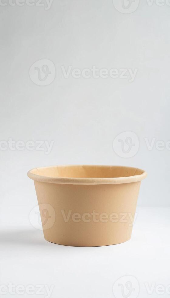 Blank empty brown paper bowl mockup on white solid vertical background photo