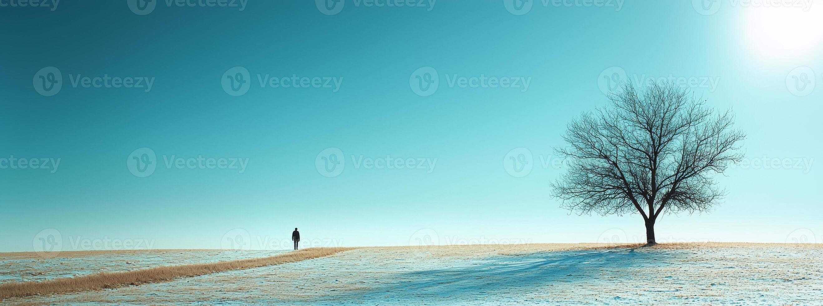 Solitary figure walking across a snow dusted field towards a lone tree under a vast blue sky photo