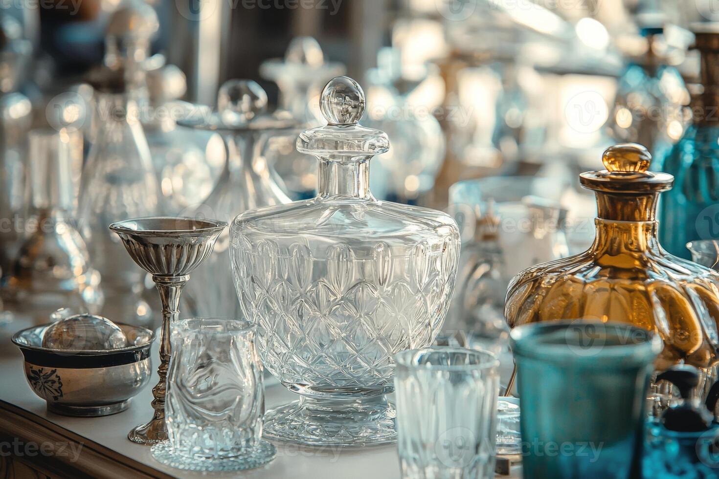 Crystal and glass decanters and glassware on display photo