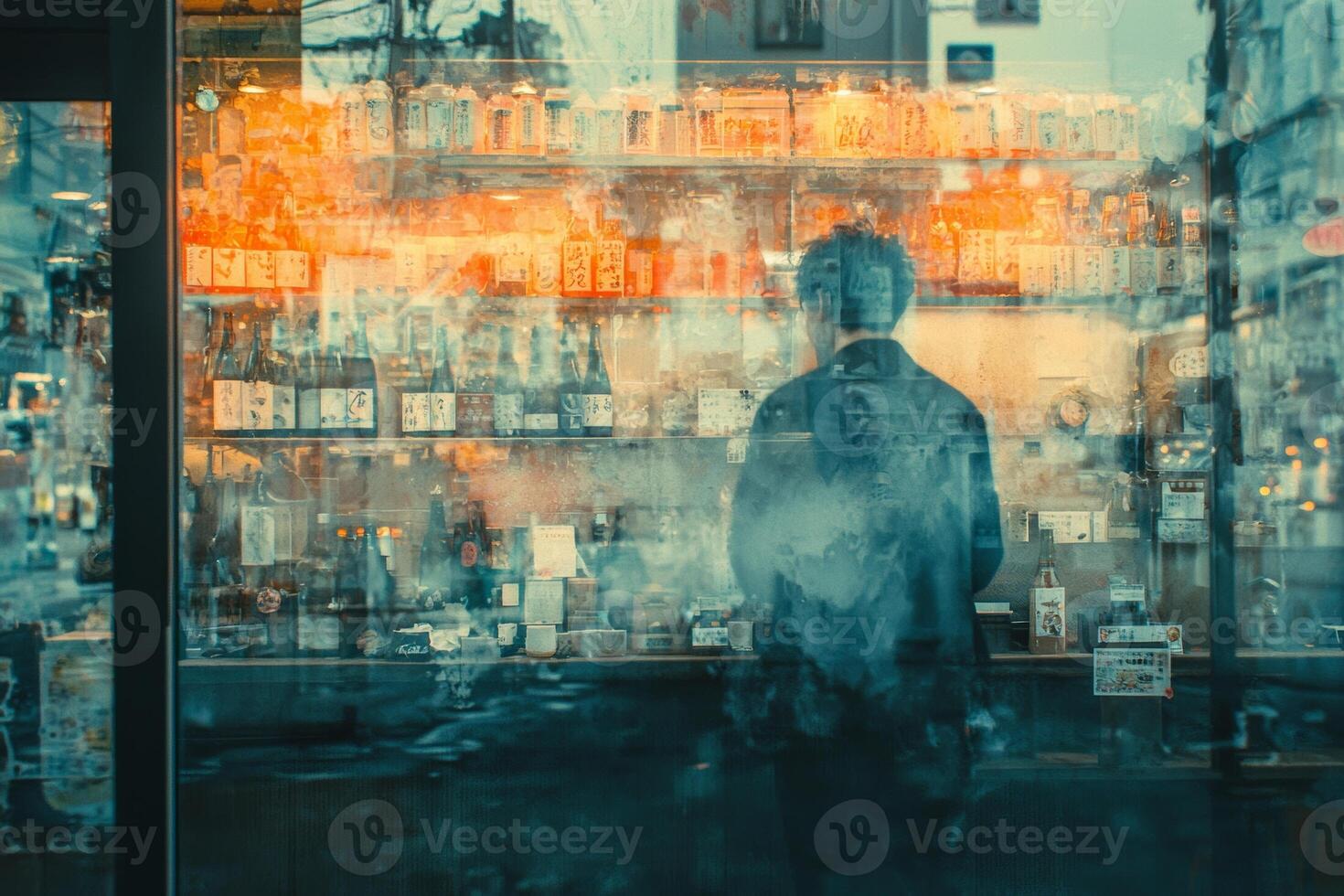 Person gazing at a store window display filled with various bottles and products photo