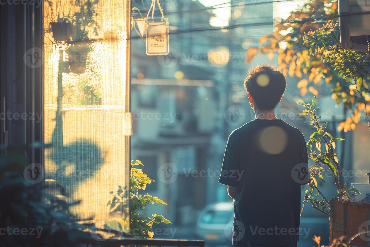 Man silhouetted in golden hour light looking out a window at a city street photo