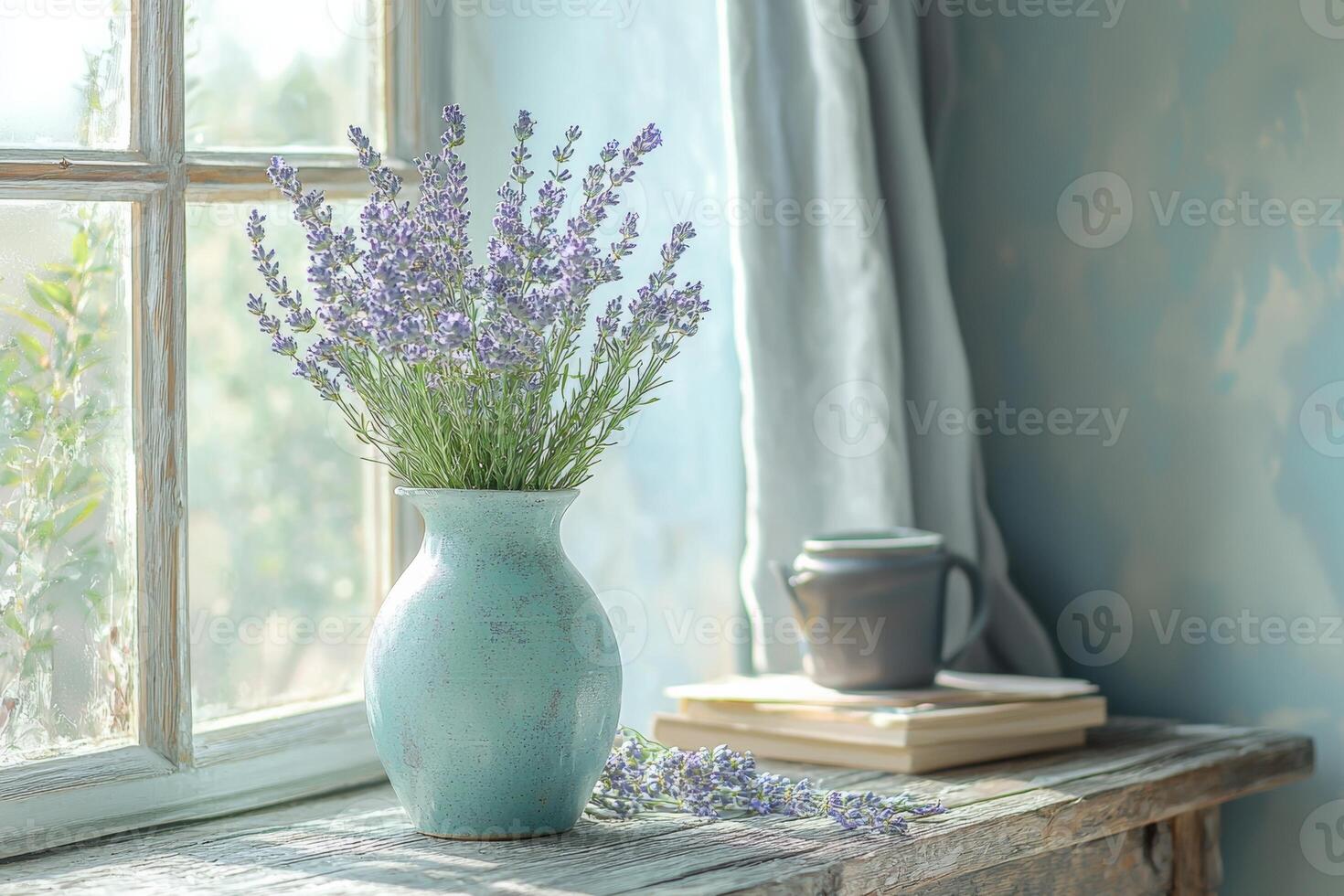 Lavender bouquet in a teal vase on a rustic windowsill photo
