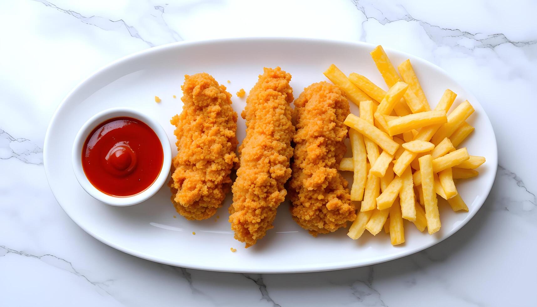 Chicken nuggets and french fries on a white plate photo