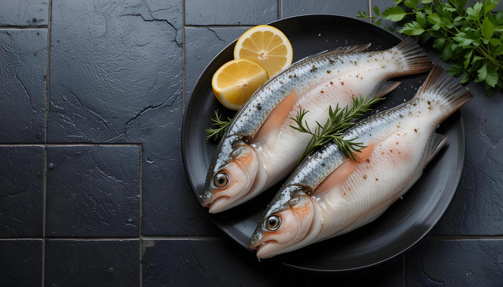 Two fresh fish on a plate with lemon slices photo