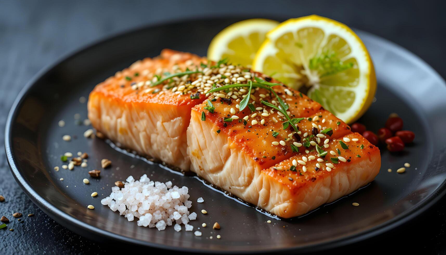 Salmon on a black plate with lemon slices and sesame seeds photo