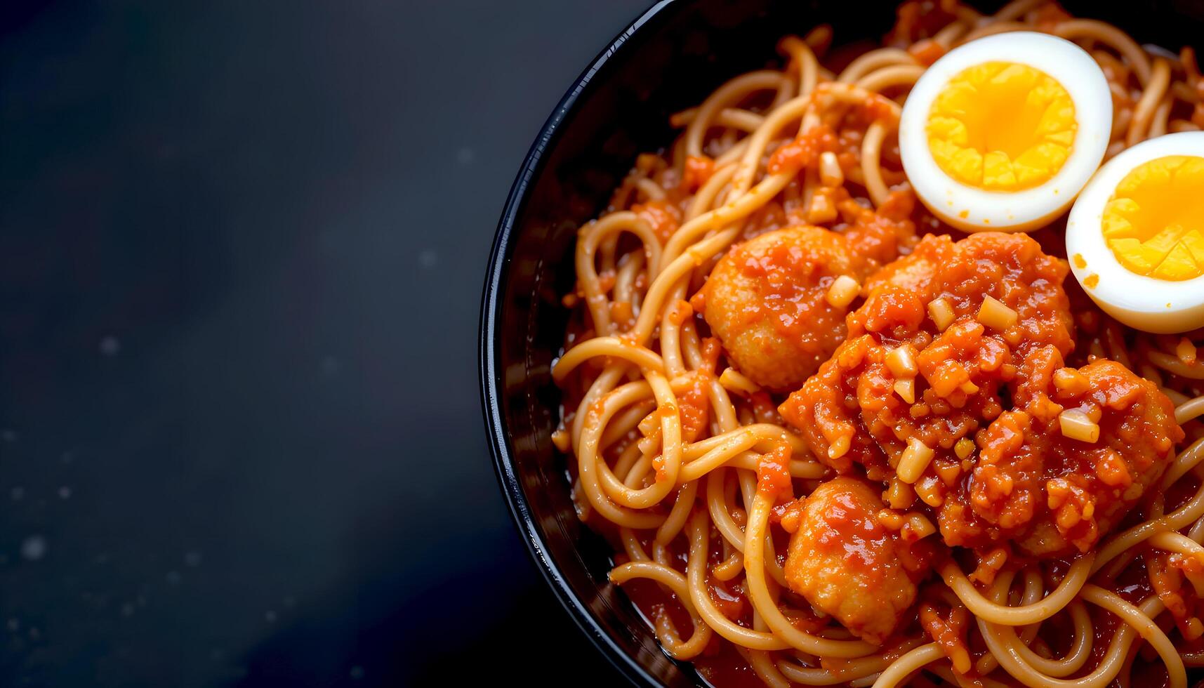 A bowl of spaghetti with eggs and tomato sauce photo