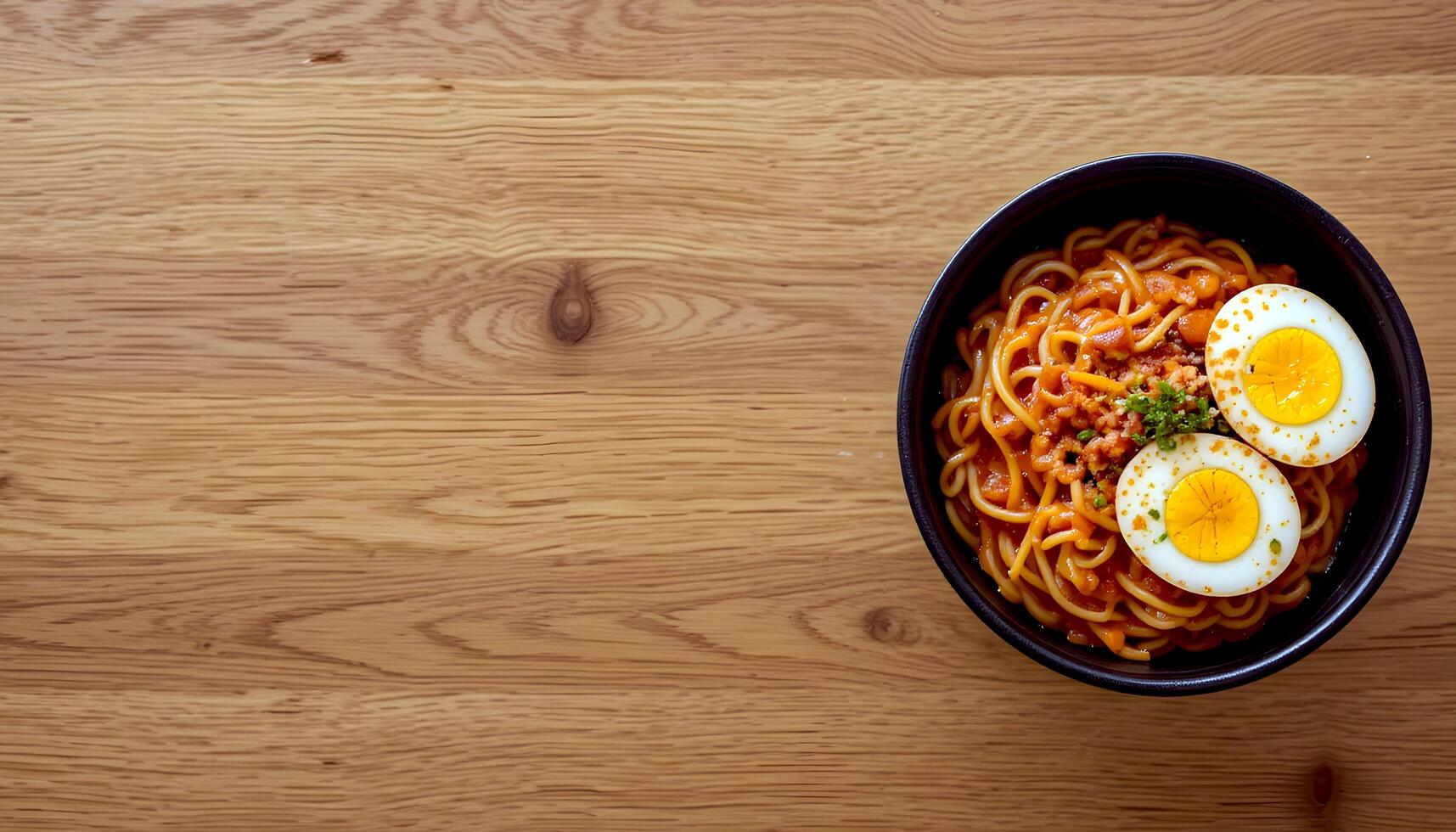 Spaghetti with egg on wooden table top view photo