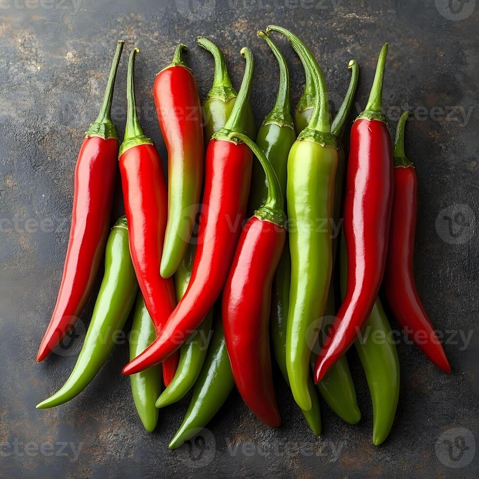 Fresh Red and Green Chili Peppers on White Plate photo