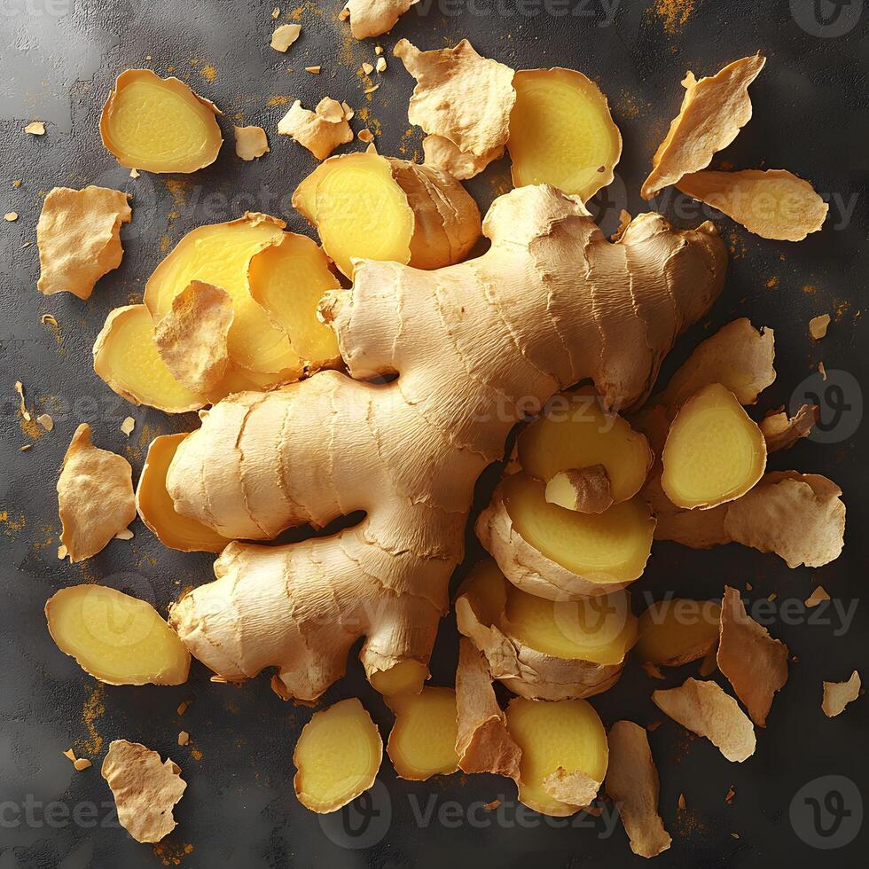 Fresh Ginger Root with Sliced Pieces and Peels photo