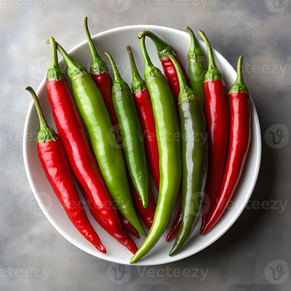 Fresh Red and Green Chili Peppers on Rustic Background photo
