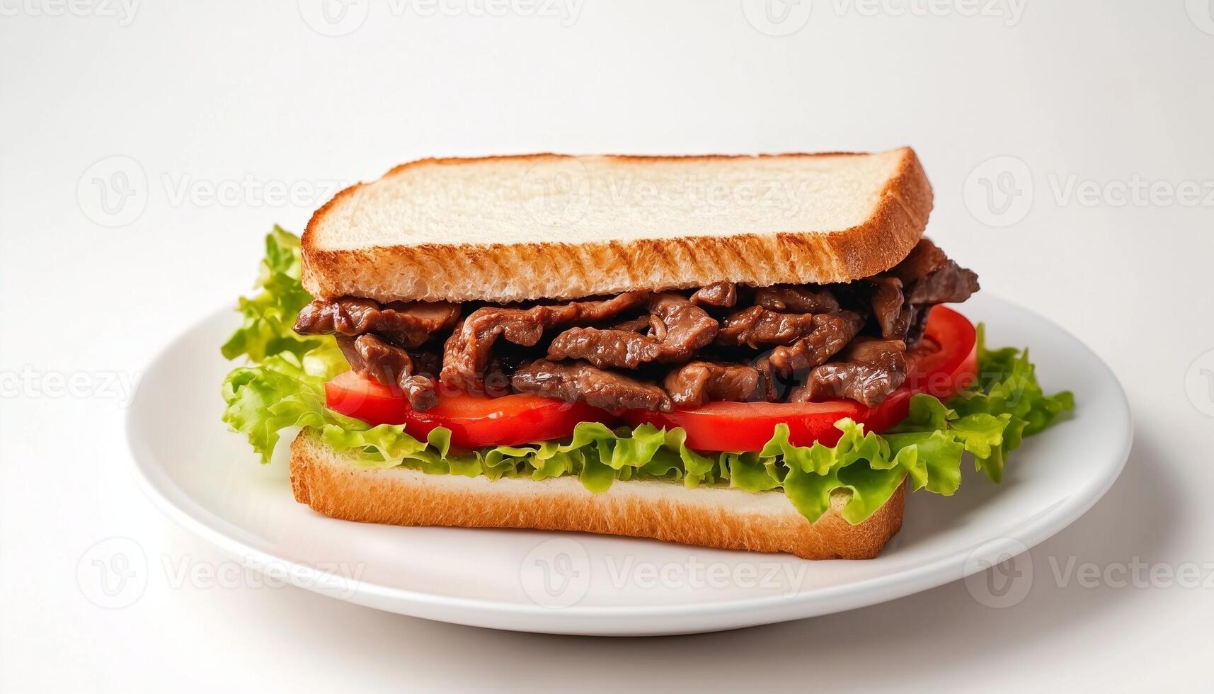 Bulgogi Sandwich beef meat with lettuce, tomato slice and bun bread on white plate photo