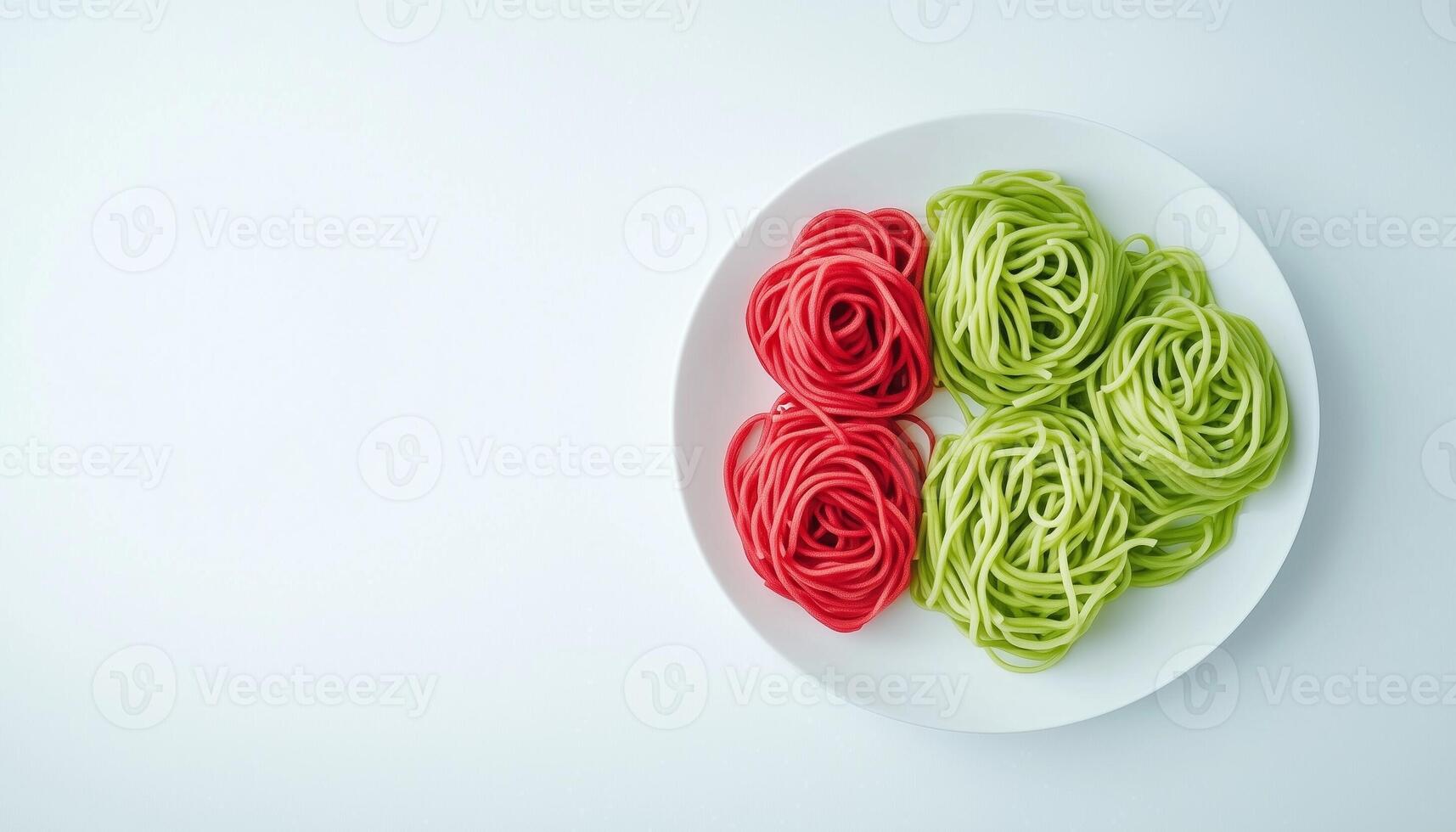 Gluten free noodle pasta green from spinach and red beet flour vegetable on plate for healthy food photo