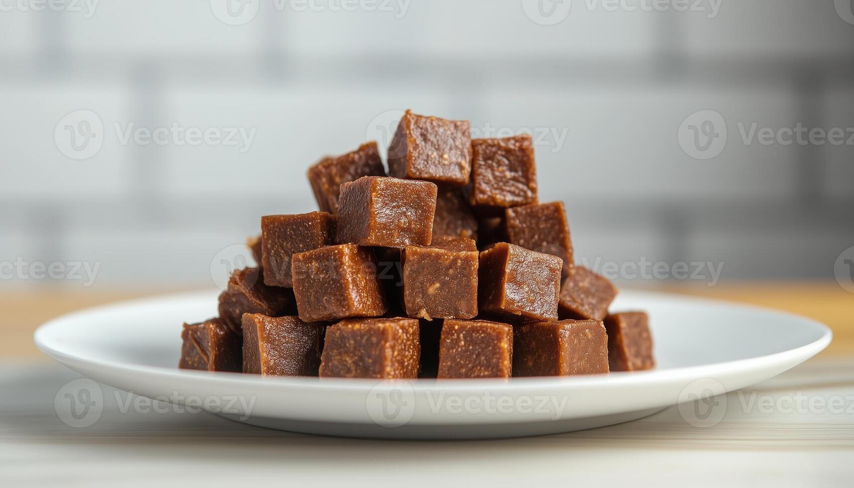Chewy brown caramel toffee stack on white plate for sweet snack time photo