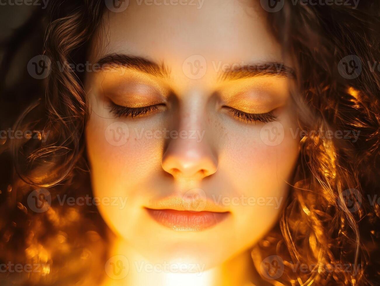 Serene Portrait of a Young Woman with Curly Hair and Closed Eyes Bathed in Warm, Golden Light photo