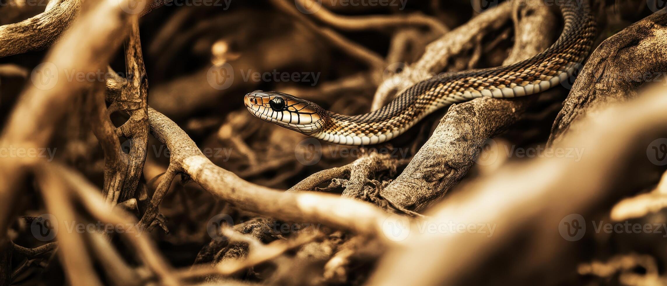 A snake blends into a tangled mess of roots, showcasing its camouflage among earthy tones and textures. photo