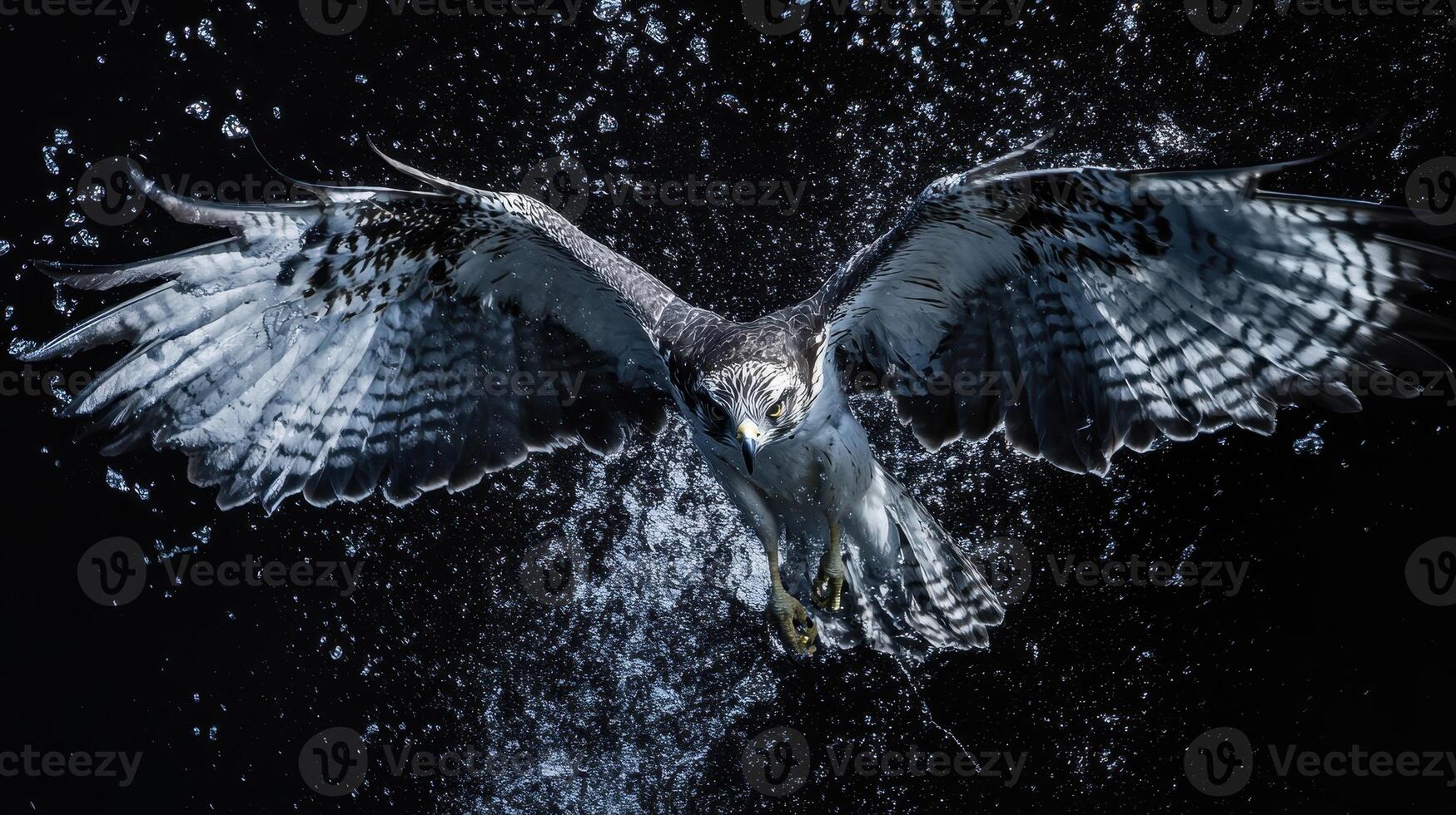 A striking image of a hawk soaring through water, showcasing its powerful wings and the spray created as it moves. photo