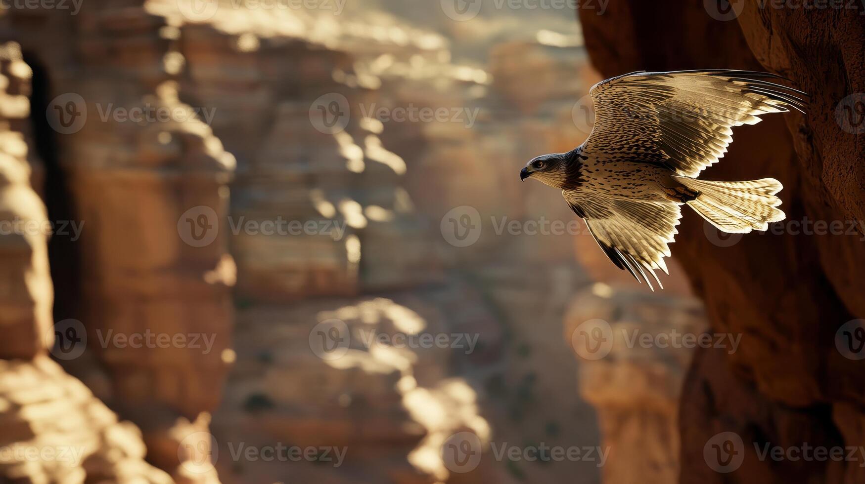 A majestic eagle soars gracefully above the rugged cliffs, showcasing its powerful wings against a stunning natural backdrop. photo