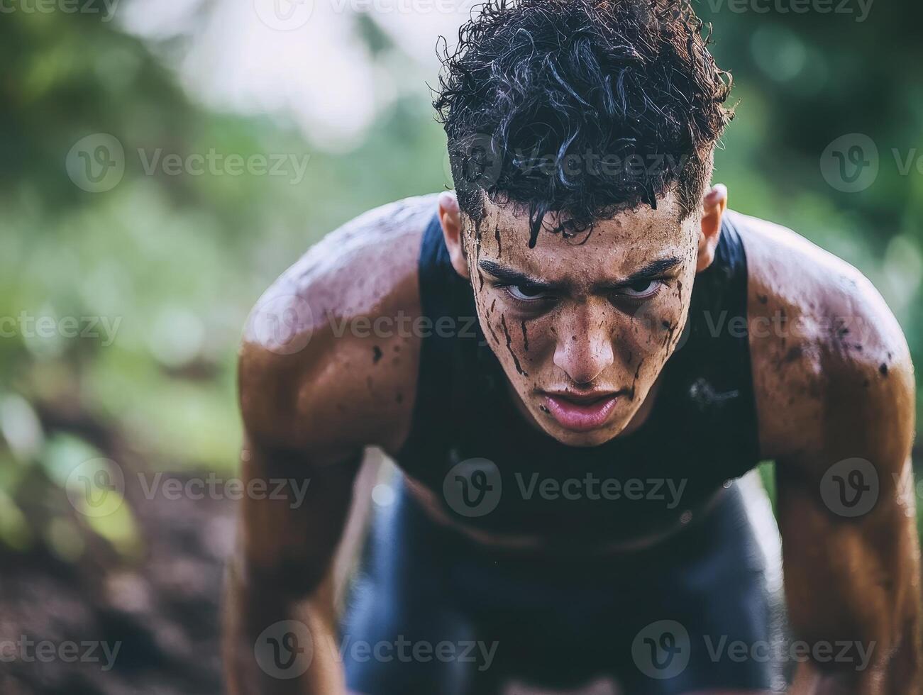 Athletic individual focused on training, displaying determination and intensity in a natural outdoor setting. photo