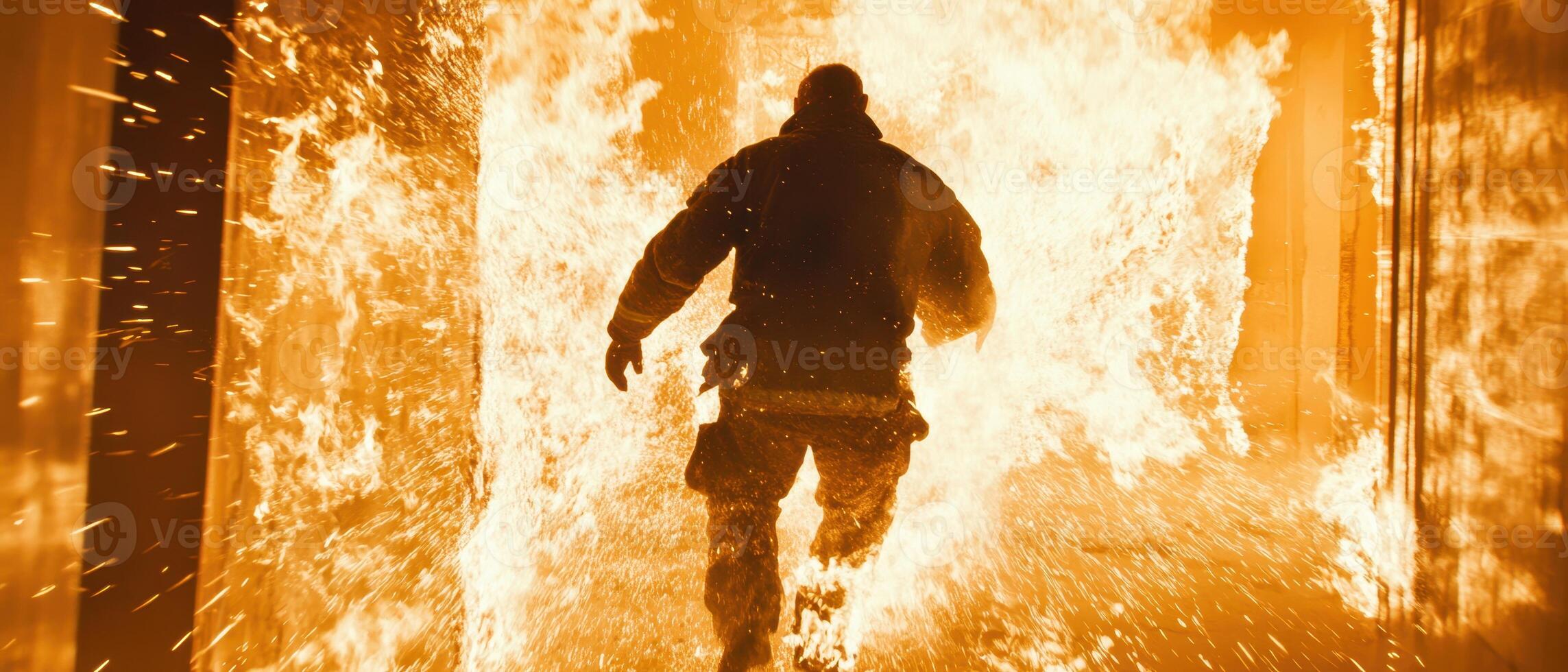 A man is walking through a fire with flames coming out of the door photo