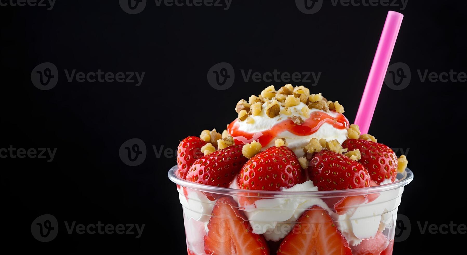Close-up studio shot of a strawberry and walnut parfait in a clear photo