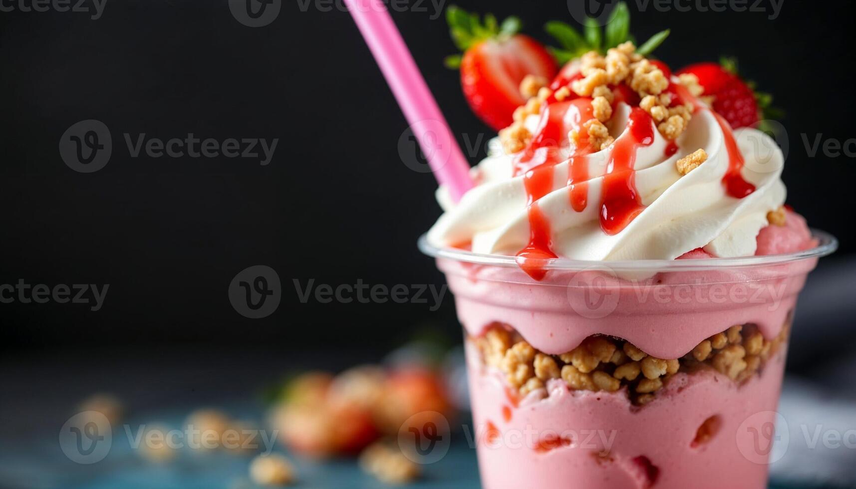 Close-up studio shot of a strawberry and walnut parfait in a clear plastic cup against a dark background photo