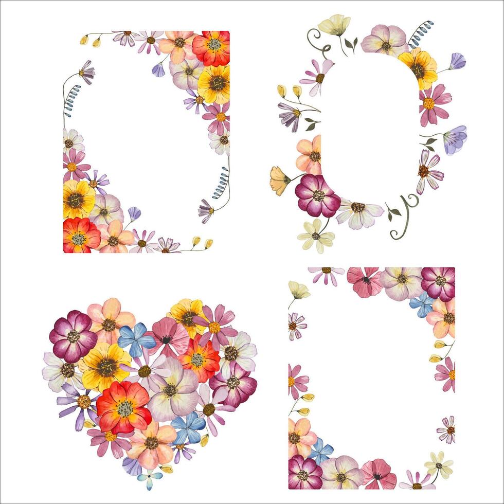 Frames with watercolor pressed dried flowers. vector