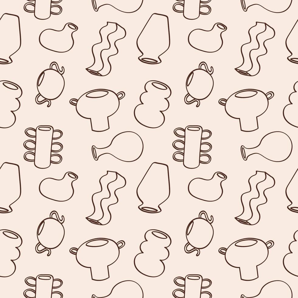 Seamless pattern with Ceramic Vases and terracotta pots. Repeating background with different Pottery Clay Jar. Hand Drawn Illustration for hobby, crockery, decor, design, textile, flower shop vector