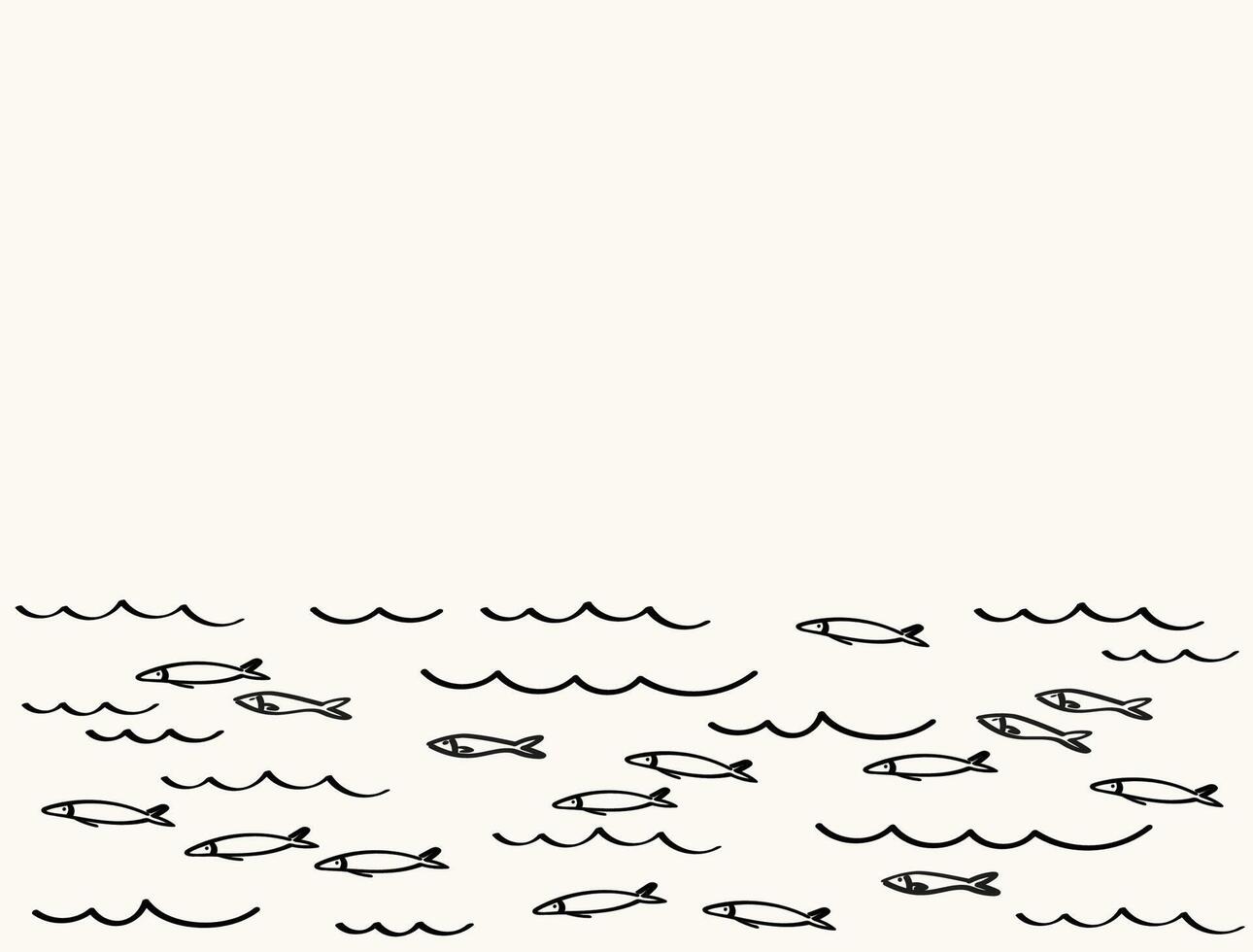 Background with small fishes for text. Banner border with sketches Sardines in water. Template with pichard seafood, marine motif. backdrop illustration for print, packaging, logo, card, flyer vector