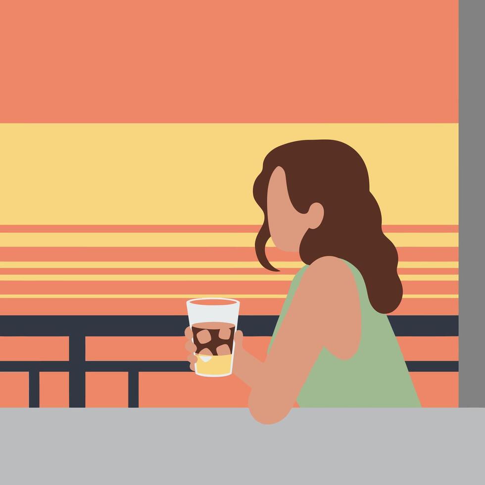 A woman sitting at a balcony with a drink in front of her vector
