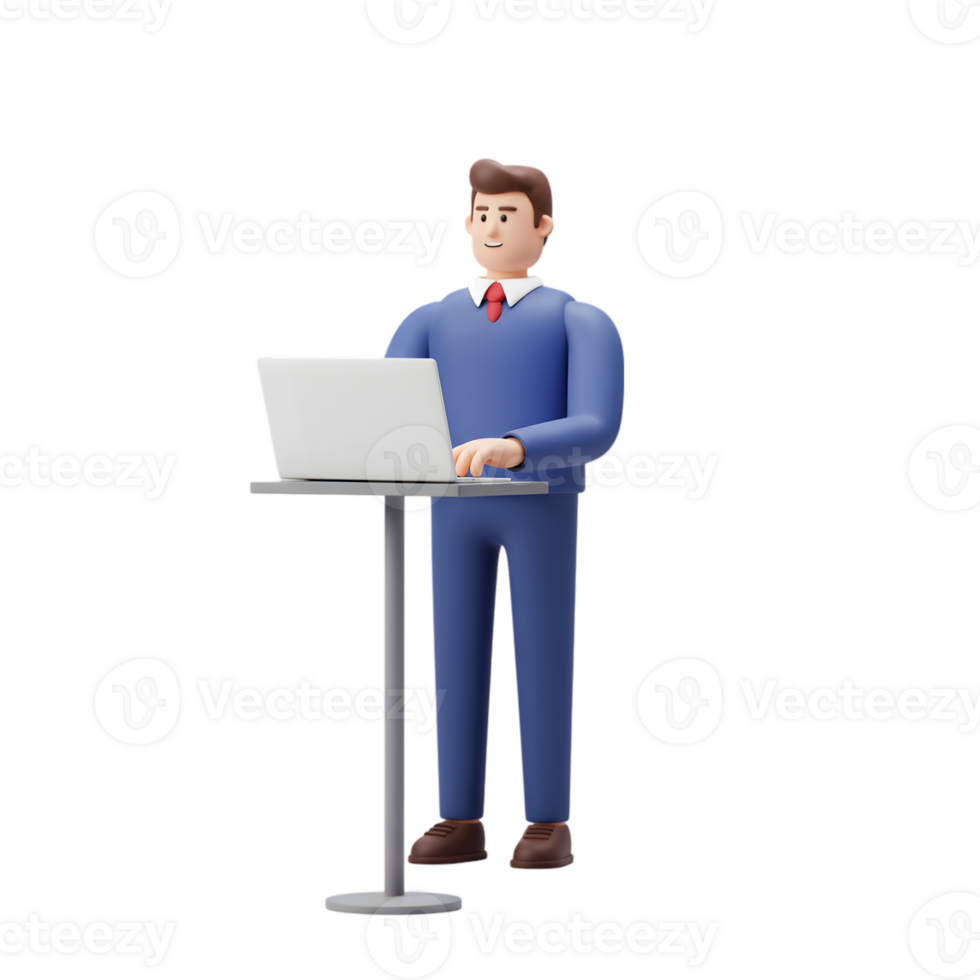 Cartoon character using laptop at standing desk in modern work setting png