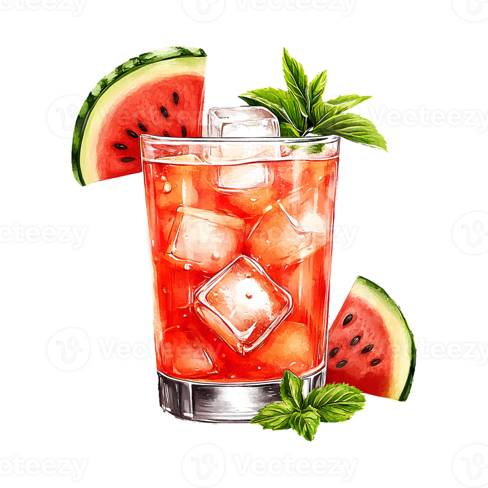 Glass of watermelon juice and slice of watermelon with mint and ice. Tasty fruit smoothie tropical cocktail or lemonade. Hand drawn illustration isolated on transparent background png