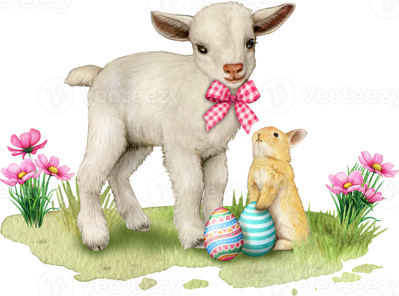 Watercolor realistic cute farm lamb with bunny and eggs png