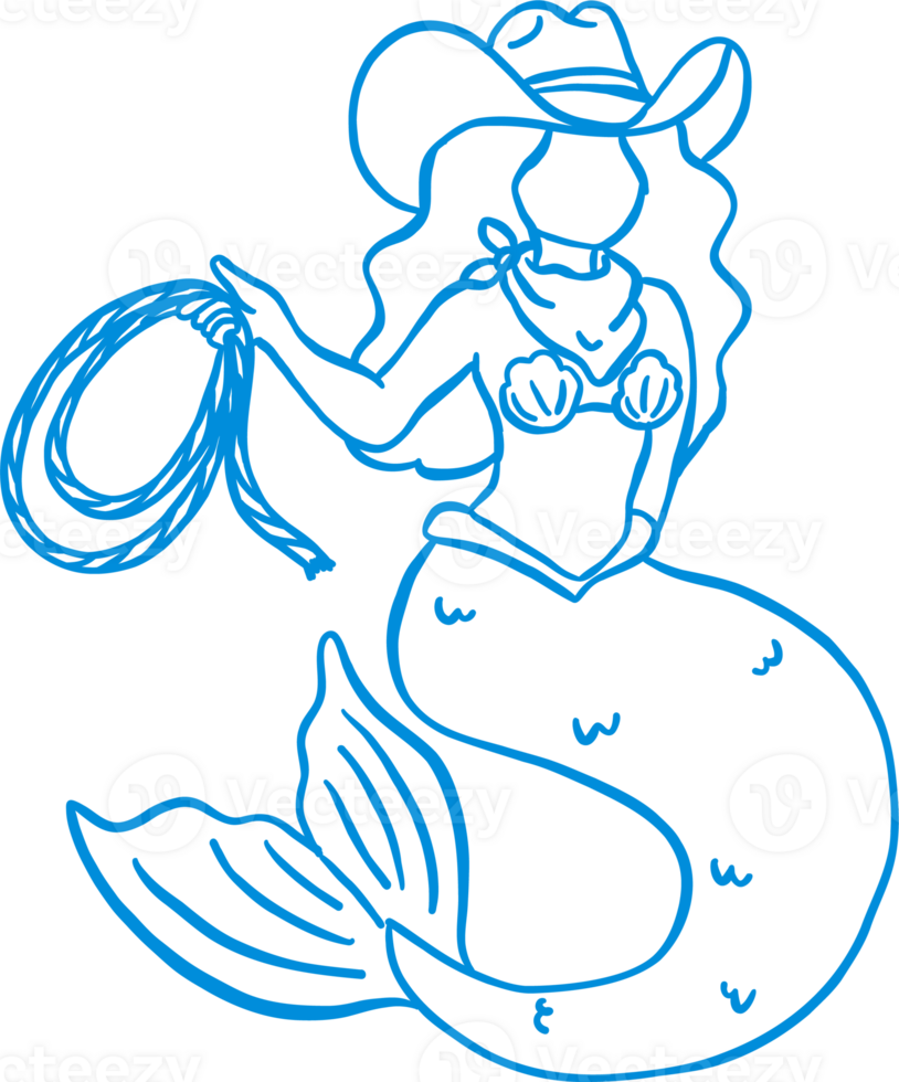 Coastal Cowgirl Mermaid with Surfboard Outline Playful Hand Draw png
