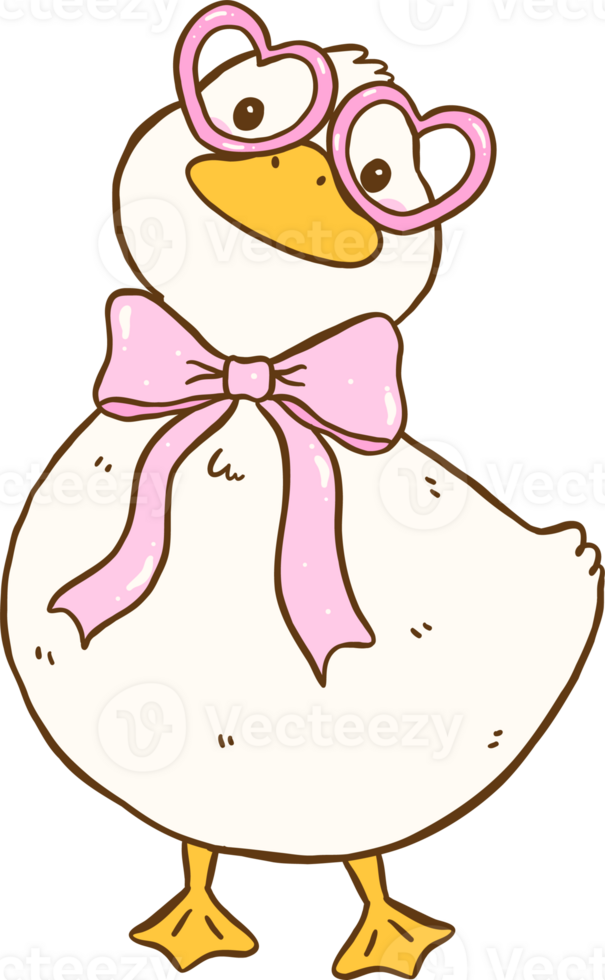 Cute White Duck with Pink Bow with Heart Glasses Springtime Aesthetic Cartoon Doodle Hand Draw png
