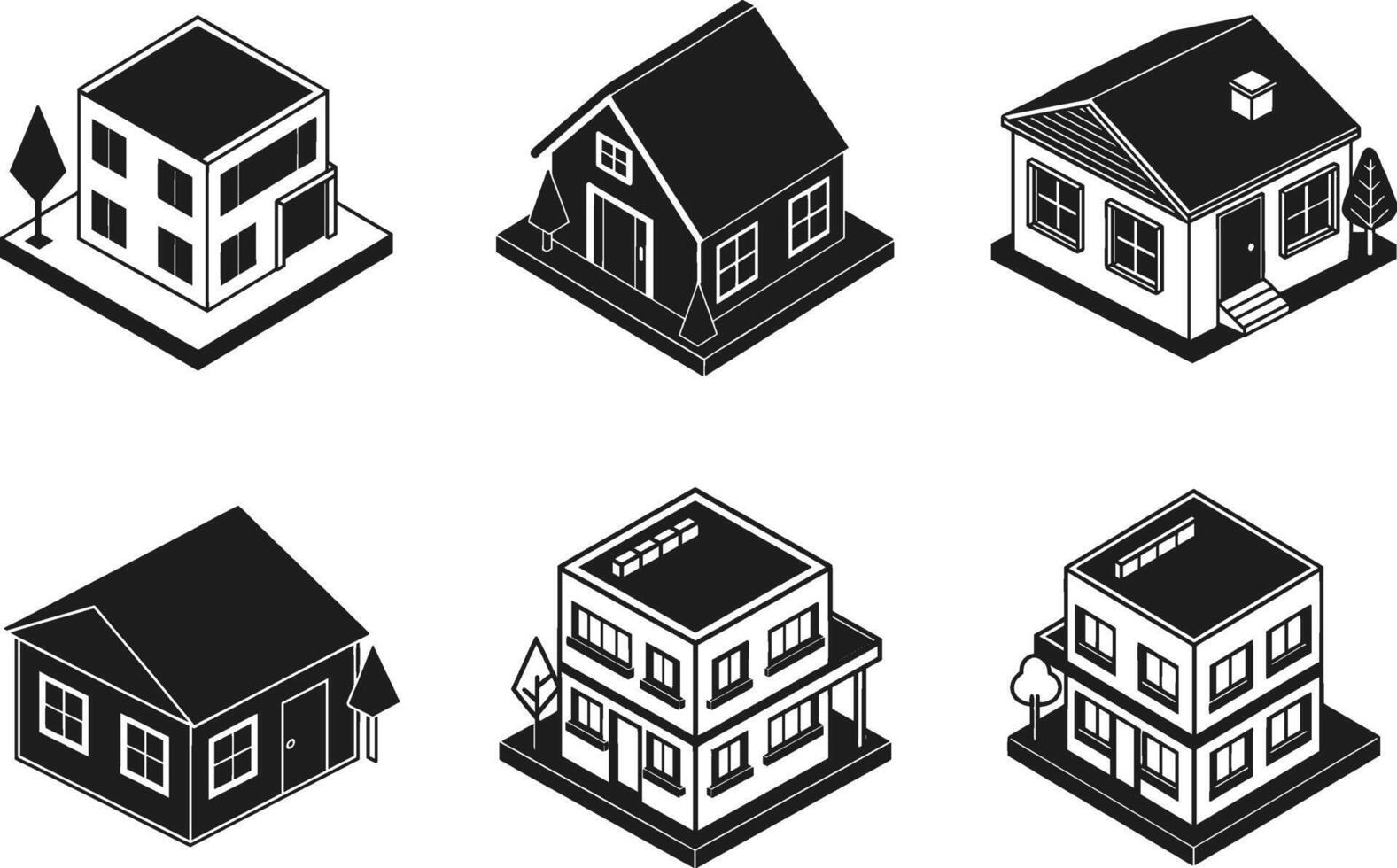 Set of Isometric House Vectors - Modern Black Architectural Illustrations