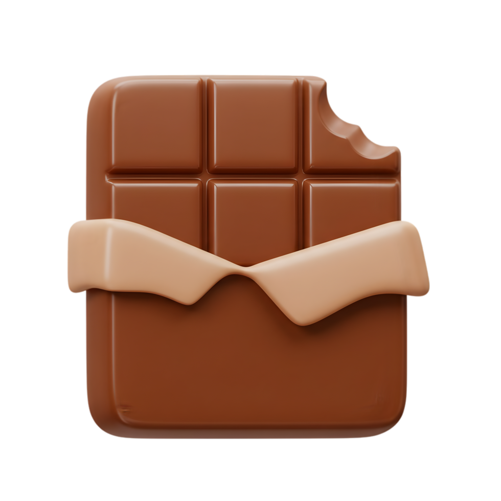 A Delicious Bitten Chocolate Bar 3D Render. Sweet Treat, Indulgent Craving, Brown Chocolate, Creamy Texture, Square Shape, Bite Mark, Milk Chocolate, Sweetness, Cocoa, Dessert Icon, Confectionery. png