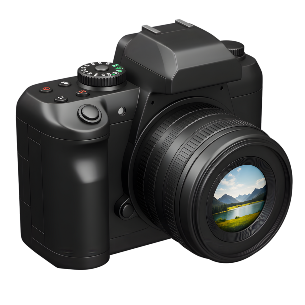 Professional DSLR Camera with Stunning Landscape Preview. High-Resolution Image Display on Lens png