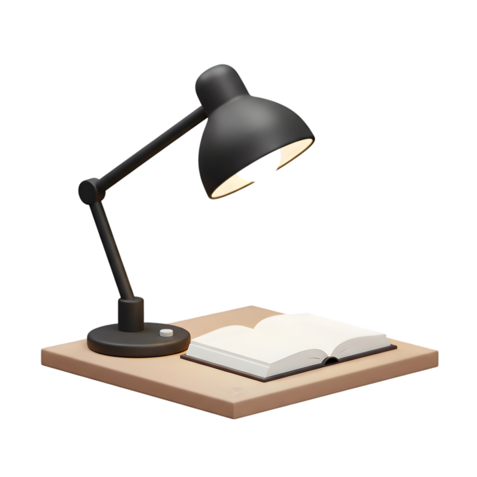 Illuminated Pages. A 3D Render of a Desk Lamp and Open Book, perfect for Study, Reading and Learning png