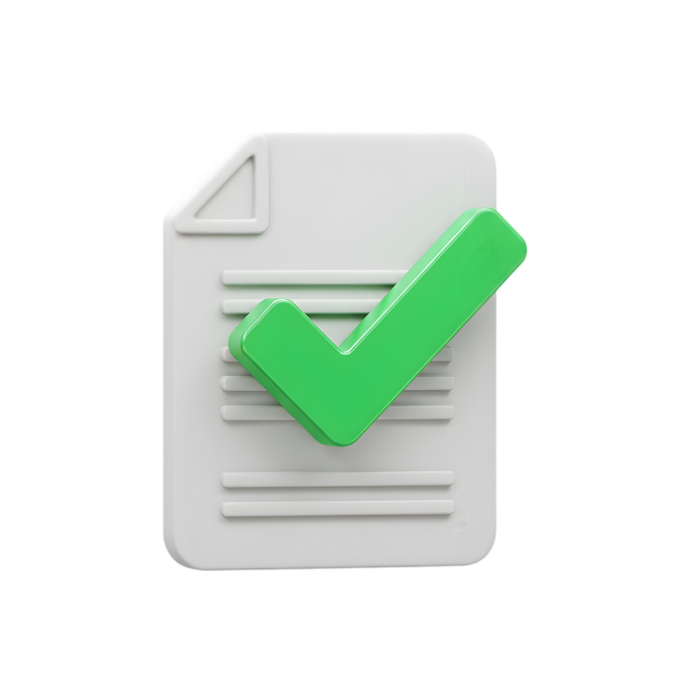 3D Render of Approved Document Icon. Green Checkmark on White Paper, Success and Completion Symbol png